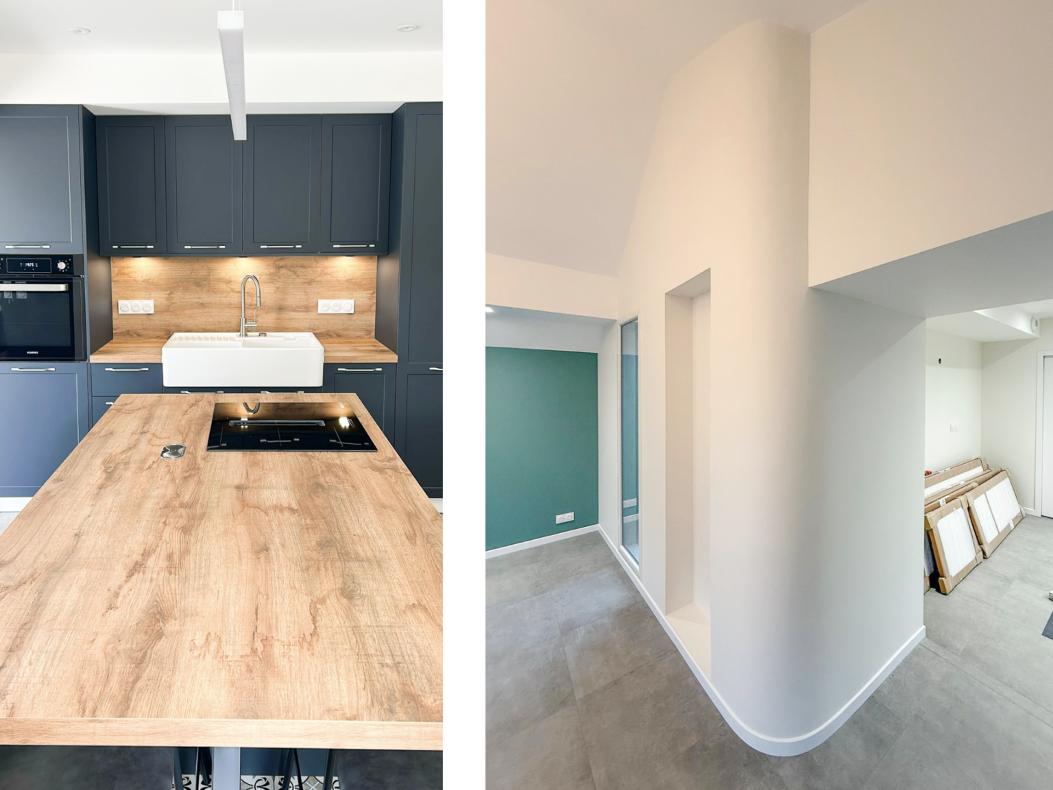 rénovation cuisine, mur en placo arrondi. Arrondi de placo platre. mur arrondi. Cuisine foncée. Rénovation maison. Jua architecture